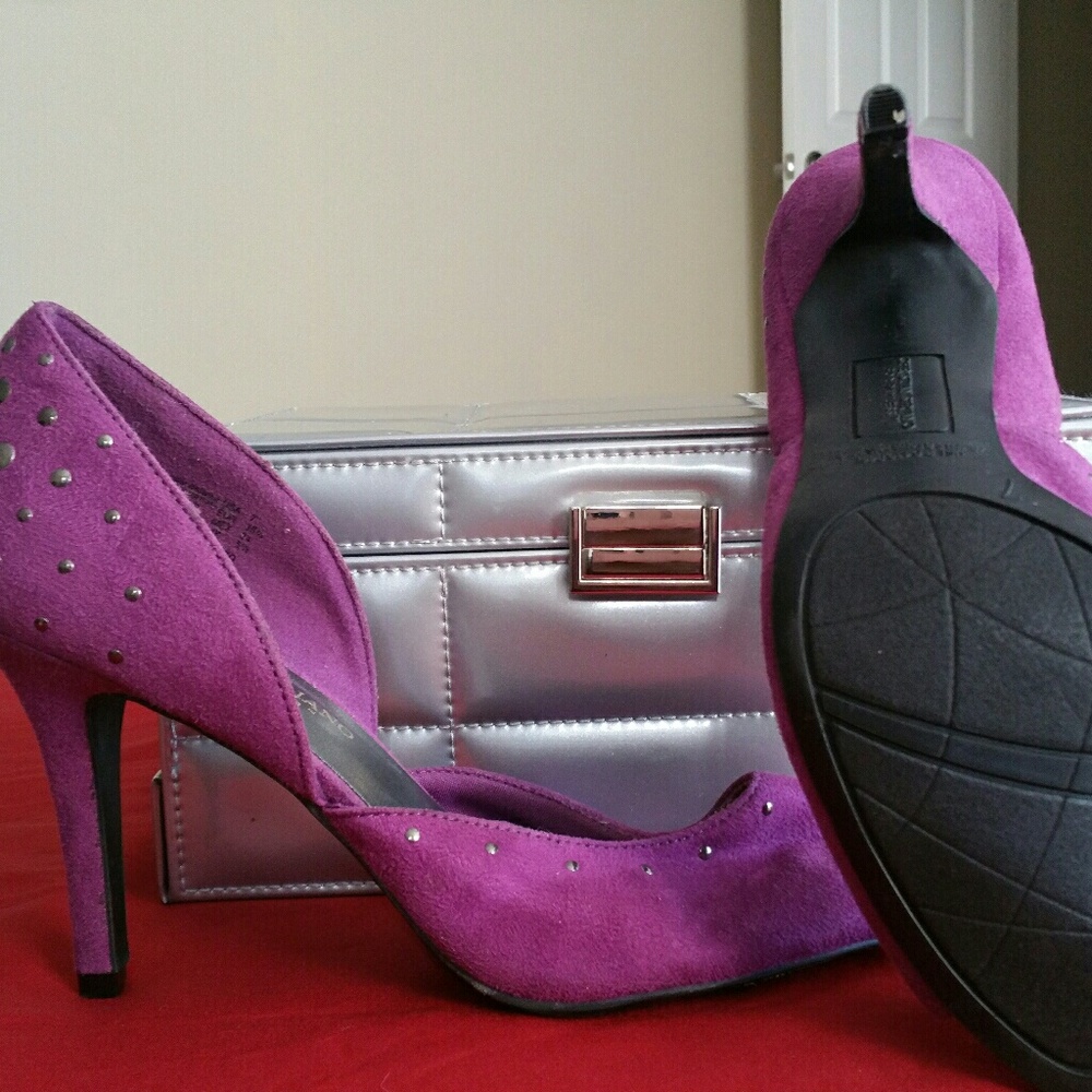 Purple suede Christian Siriano peep toe heels
